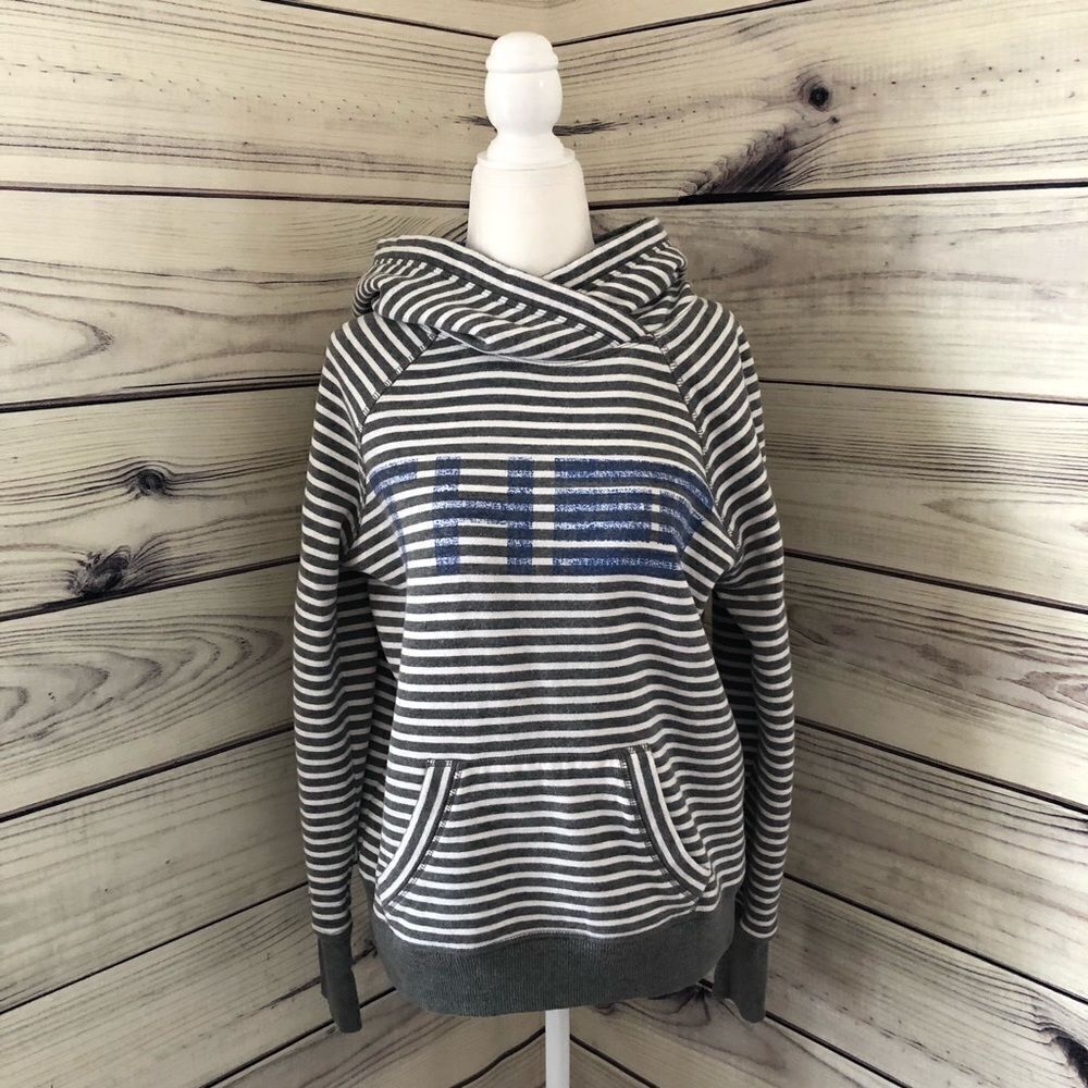 Tommy Hilfiger Sport Grey & White Striped Logo Hooded Sweatshirt Size Medium